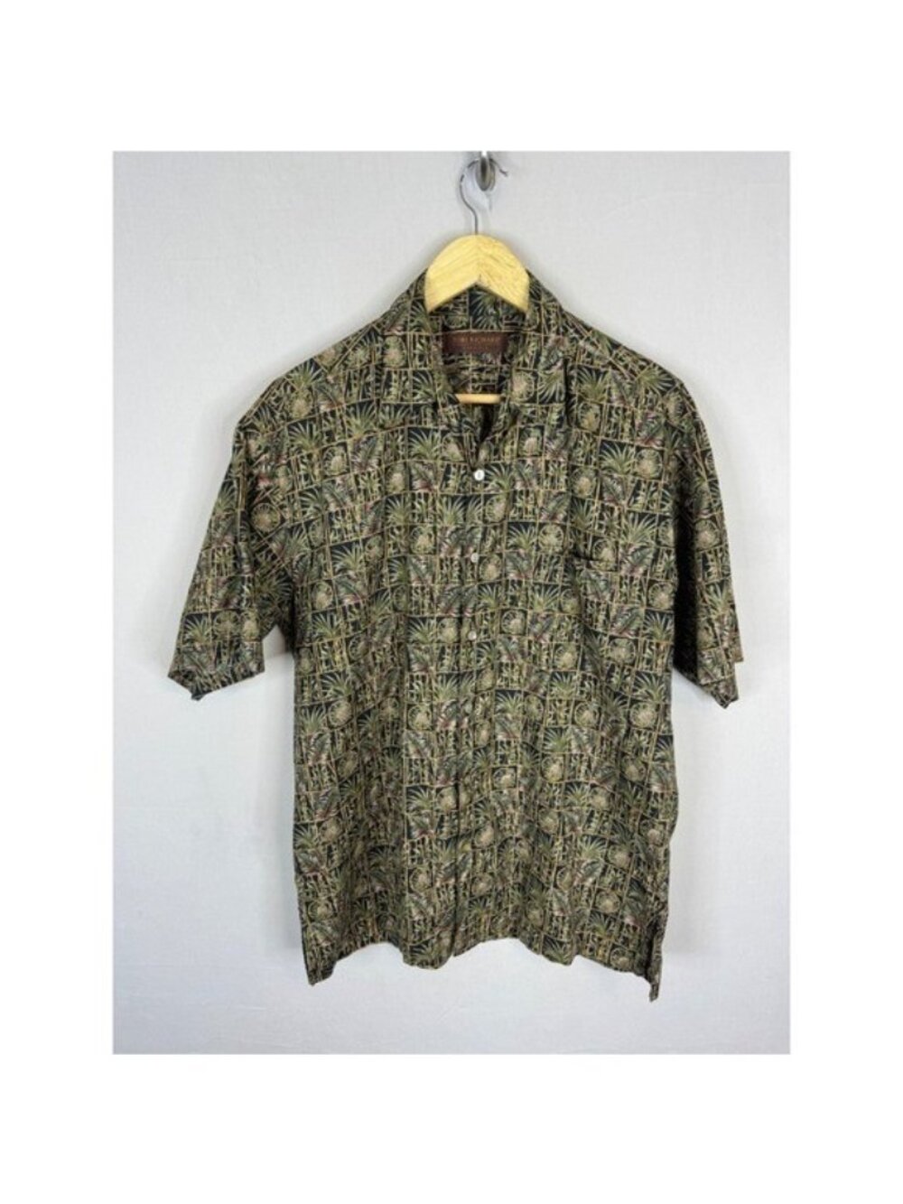 Tori Richard Mens Cotton Lawn Tropical Palm Grid Button Down Shirt Green Brown M